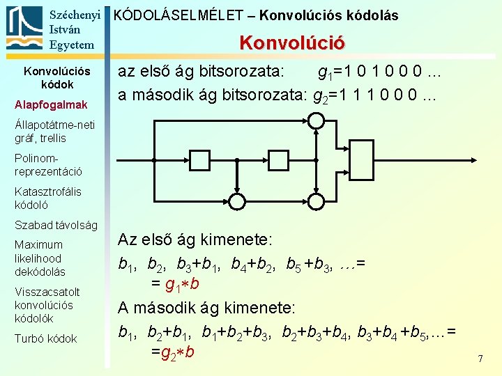 Széchenyi KÓDOLÁSELMÉLET – Konvolúciós kódolás István Egyetem Konvolúciós kódok Alapfogalmak az első ág bitsorozata: