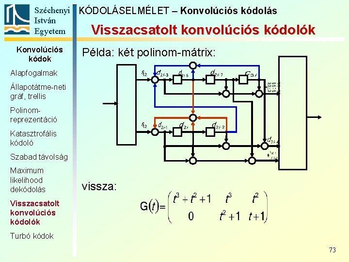 Széchenyi KÓDOLÁSELMÉLET – Konvolúciós kódolás István Egyetem Visszacsatolt konvolúciós kódolók Konvolúciós kódok Példa: két