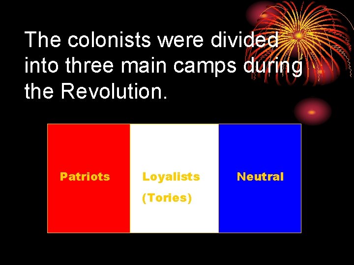 The colonists were divided into three main camps during the Revolution. Patriots Loyalists (Tories)