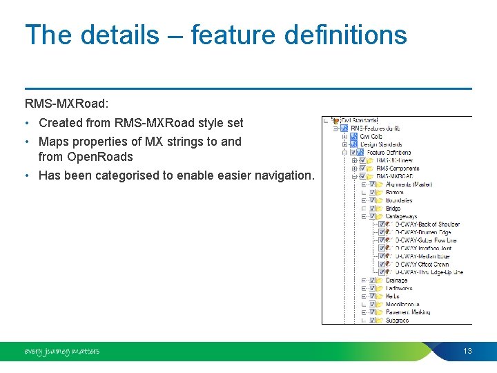 The details – feature definitions RMS-MXRoad: • Created from RMS-MXRoad style set • Maps