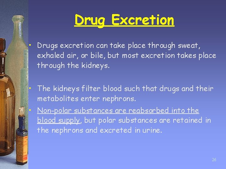 Drug Excretion • Drugs excretion can take place through sweat, exhaled air, or bile,
