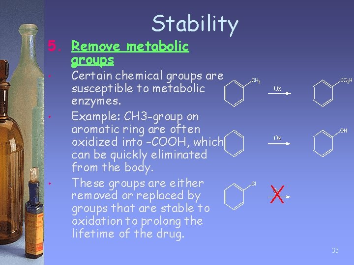 Stability 5. Remove metabolic groups • • • Certain chemical groups are susceptible to