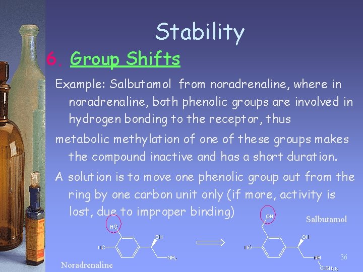 Stability 6. Group Shifts Example: Salbutamol from noradrenaline, where in noradrenaline, both phenolic groups