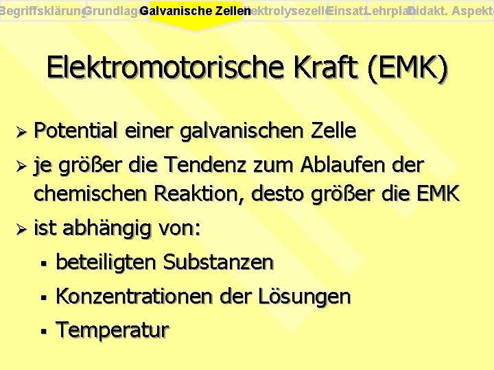 Begriffsklärung. Grundlagen Elektrolysezelle. Einsatz. Lehrplan Didakt. Aspekte Galvanische Zellen Elektromotorische Kraft (EMK) Ø Potential