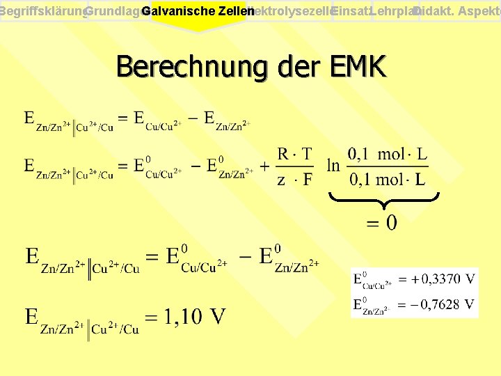 Begriffsklärung. Grundlagen Elektrolysezelle. Einsatz. Lehrplan Didakt. Aspekte Galvanische Zellen Berechnung der EMK 