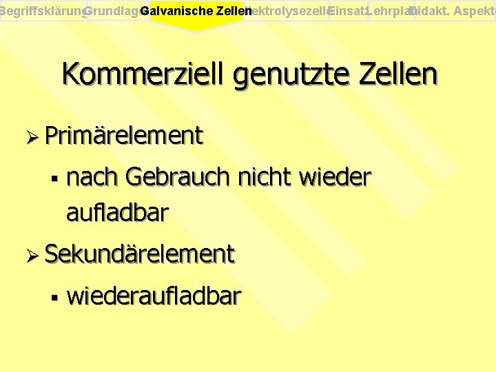 Begriffsklärung. Grundlagen Elektrolysezelle. Einsatz. Lehrplan Didakt. Aspekte Galvanische Zellen Kommerziell genutzte Zellen Ø Primärelement