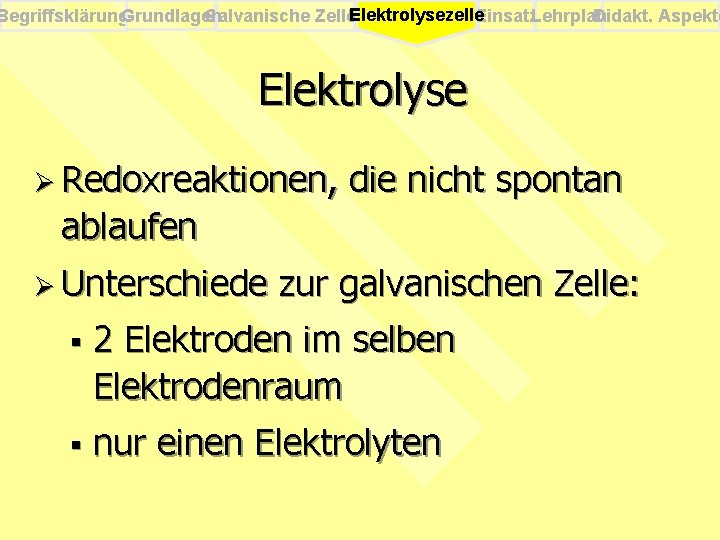 Begriffsklärung. Grundlagen Galvanische Zellen Elektrolysezelle. Einsatz. Lehrplan Didakt. Aspekte Elektrolyse Ø Redoxreaktionen, die nicht