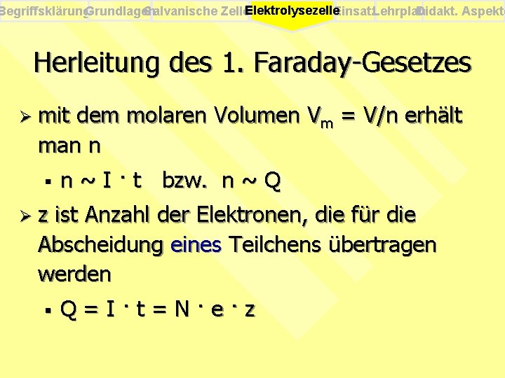 Begriffsklärung. Grundlagen Galvanische Zellen Elektrolysezelle. Einsatz. Lehrplan Didakt. Aspekte Herleitung des 1. Faraday-Gesetzes Ø