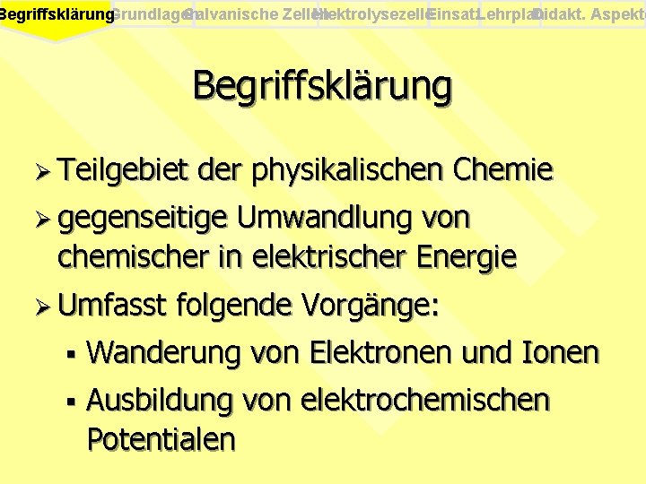 Begriffsklärung. Grundlagen Galvanische Zellen Elektrolysezelle. Einsatz. Lehrplan Didakt. Aspekte Begriffsklärung Ø Teilgebiet der physikalischen