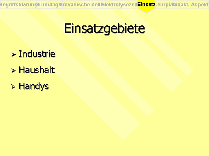 Einsatz Begriffsklärung. Grundlagen Galvanische Zellen Elektrolysezelle Einsatz. Lehrplan Didakt. Aspekte Einsatzgebiete Ø Industrie Ø