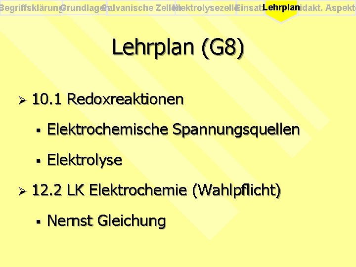 Begriffsklärung. Grundlagen Galvanische Zellen Elektrolysezelle. Einsatz. Lehrplan Didakt. Aspekte Lehrplan (G 8) Ø 10.