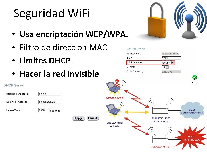 Seguridad Wi. Fi • • Usa encriptación WEP/WPA. Filtro de direccion MAC Limites DHCP.