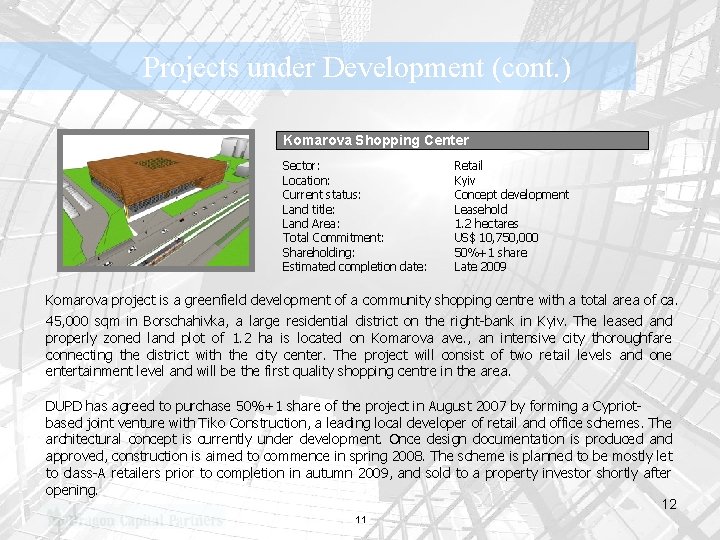 Projects under Development (cont. ) Komarova Shopping Center Sector: Location: Current status: Land title: