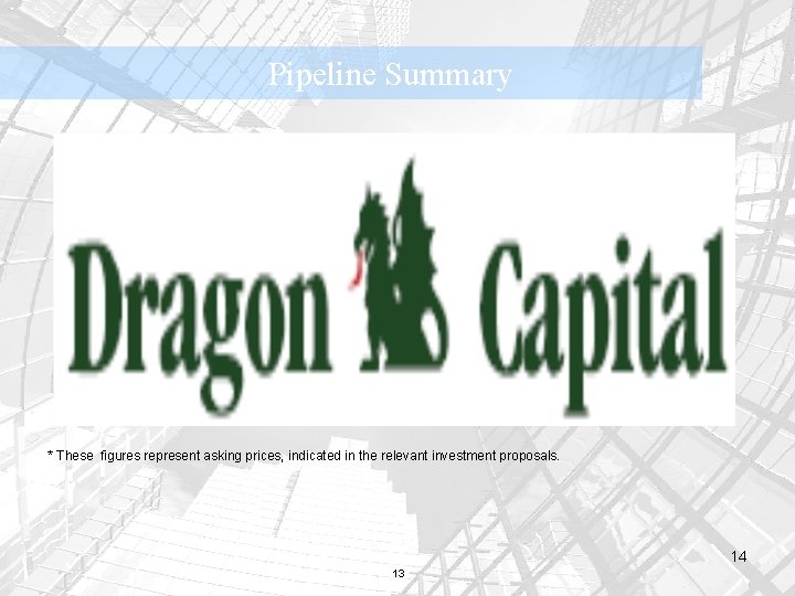 Pipeline Summary * These figures represent asking prices, indicated in the relevant investment proposals.