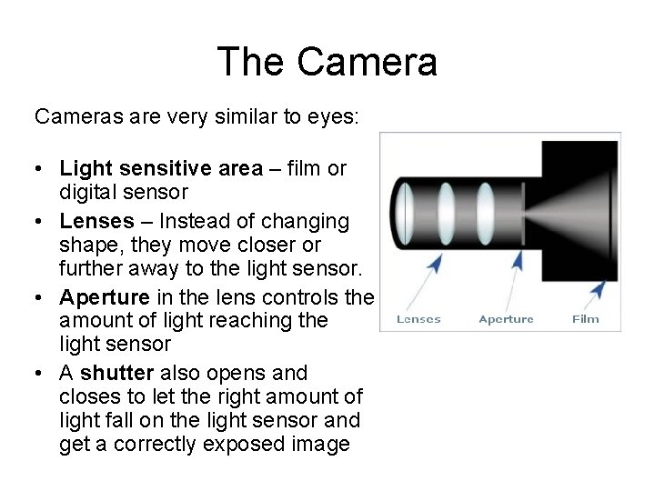 The Cameras are very similar to eyes: • Light sensitive area – film or