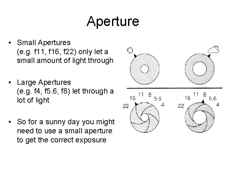 Aperture • Small Apertures (e. g. f 11, f 16, f 22) only let