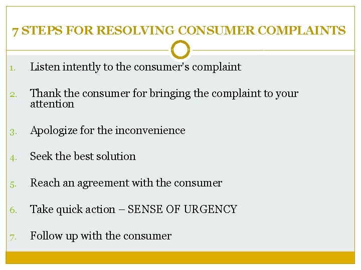 7 STEPS FOR RESOLVING CONSUMER COMPLAINTS 1. Listen intently to the consumer’s complaint 2.