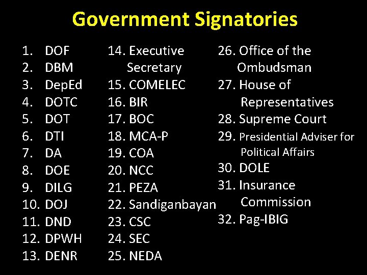 Government Signatories 1. 2. 3. 4. 5. 6. 7. 8. 9. 10. 11. 12.