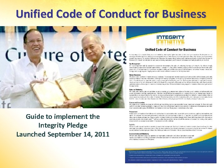 Unified Code of Conduct for Business Guide to implement the Integrity Pledge Launched September