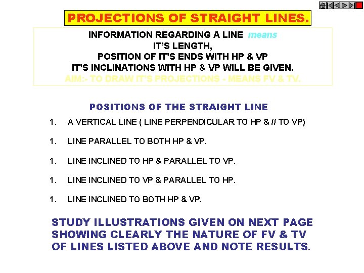 PROJECTIONS OF STRAIGHT LINES. INFORMATION REGARDING A LINE means IT’S LENGTH, POSITION OF IT’S