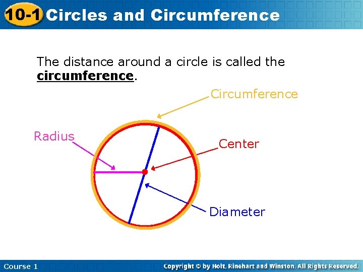 10 -1 Circles and Circumference The distance around a circle is called the circumference.