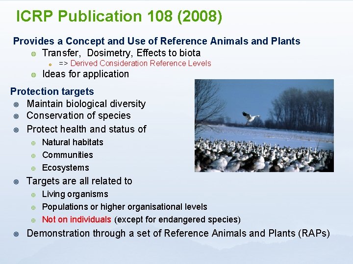 ICRP Publication 108 (2008) Provides a Concept and Use of Reference Animals and Plants