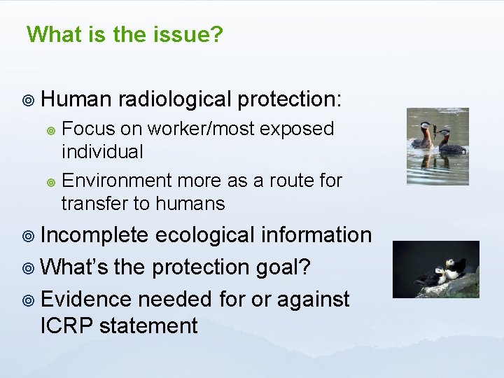 What is the issue? ¥ Human radiological protection: Focus on worker/most exposed individual ¥