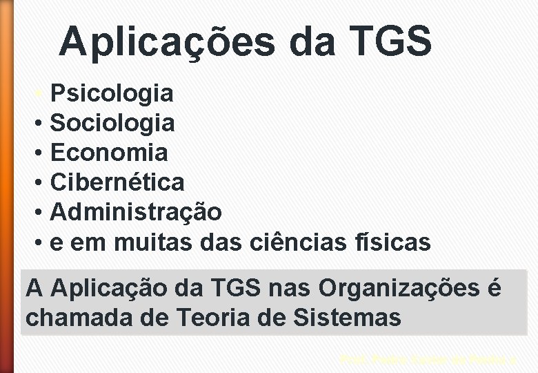 Aplicações da TGS • Psicologia • Sociologia • Economia • Cibernética • Administração •