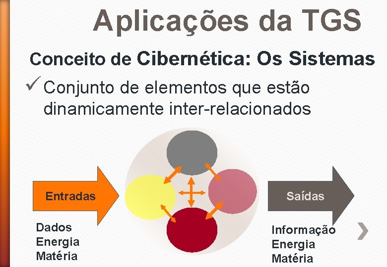 Aplicações da TGS Conceito de Cibernética: Os Sistemas ü Conjunto de elementos que estão