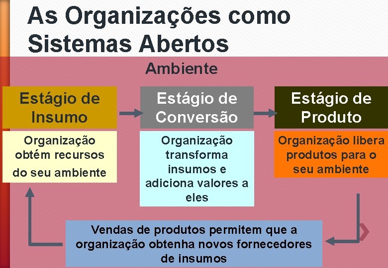 As Organizações como Sistemas Abertos Ambiente Estágio de Insumo Estágio de Conversão Estágio de