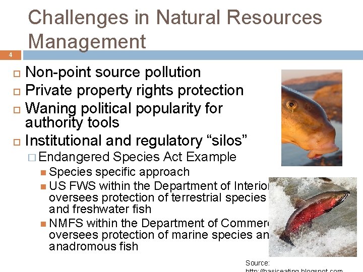 Challenges in Natural Resources Management 4 Non-point source pollution Private property rights protection Waning