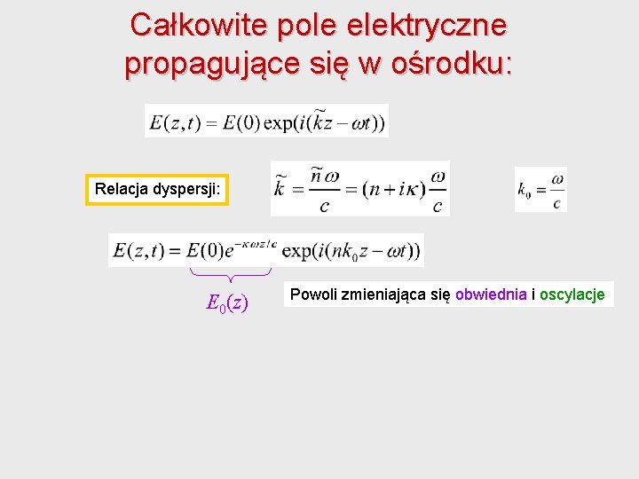 Całkowite pole elektryczne propagujące się w ośrodku: Relacja dyspersji: E 0(z) Powoli zmieniająca się Całkowite pole elektryczne propagujące się w ośrodku: Relacja dyspersji: E 0(z) Powoli zmieniająca się