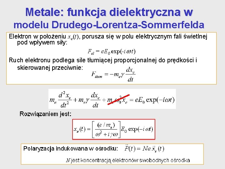 Metale: funkcja dielektryczna w modelu Drudego-Lorentza-Sommerfelda Elektron w położeniu xe(t), porusza się w polu Metale: funkcja dielektryczna w modelu Drudego-Lorentza-Sommerfelda Elektron w położeniu xe(t), porusza się w polu