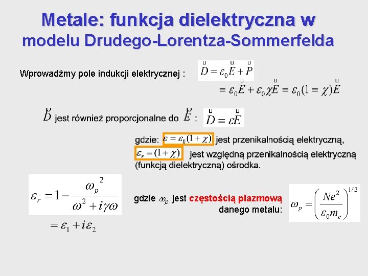 Metale: funkcja dielektryczna w modelu Drudego-Lorentza-Sommerfelda Wprowadźmy pole indukcji elektrycznej : gdzie p jest Metale: funkcja dielektryczna w modelu Drudego-Lorentza-Sommerfelda Wprowadźmy pole indukcji elektrycznej : gdzie p jest
