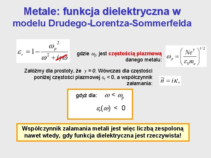 Metale: funkcja dielektryczna w modelu Drudego-Lorentza-Sommerfelda gdzie p jest częstością plazmową danego metalu: Załóżmy Metale: funkcja dielektryczna w modelu Drudego-Lorentza-Sommerfelda gdzie p jest częstością plazmową danego metalu: Załóżmy