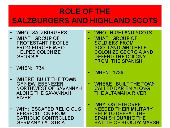 ROLE OF THE SALZBURGERS AND HIGHLAND SCOTS • WHO: SALZBURGERS • WHAT: GROUP OF