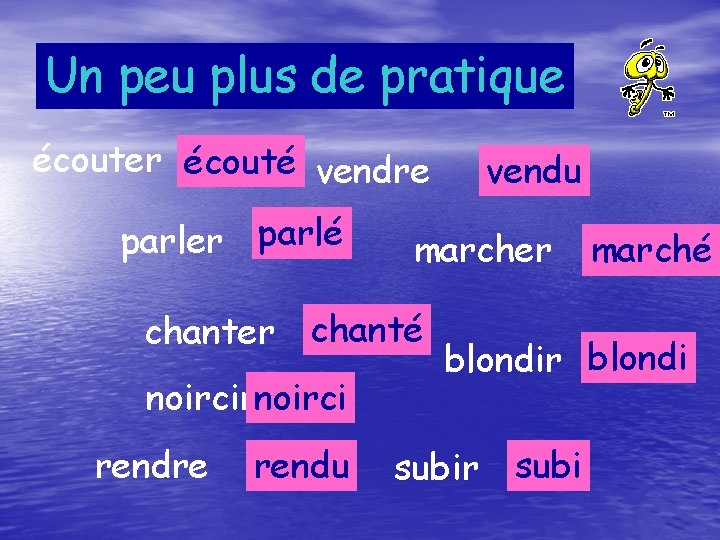 Un peu plus de pratique écouter écouté vendre parler parlé marcher chanté noircirnoirci rendre