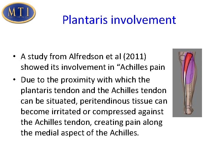 Plantaris involvement • A study from Alfredson et al (2011) showed its involvement in