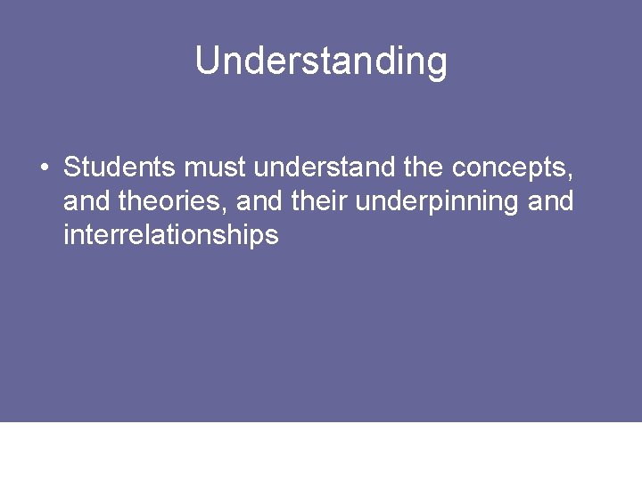 Understanding • Students must understand the concepts, and theories, and their underpinning and interrelationships