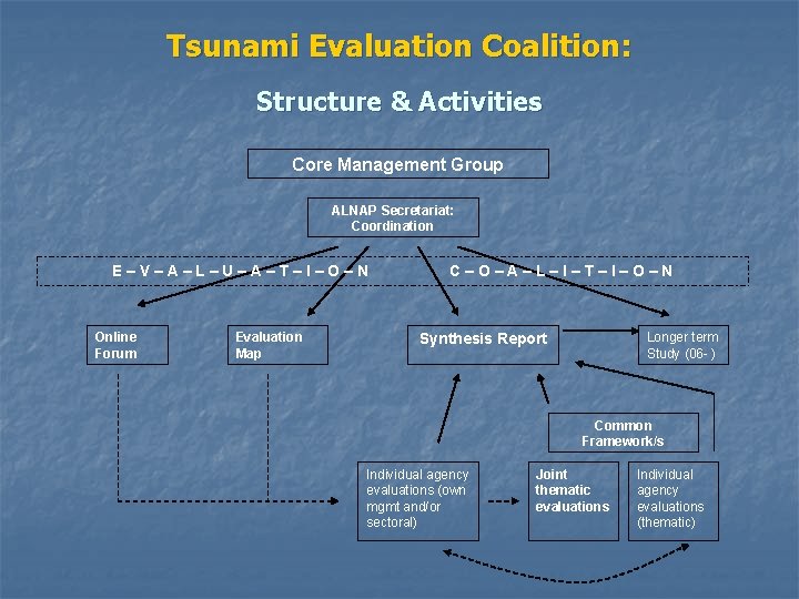 Tsunami Evaluation Coalition: Structure & Activities Core Management Group ALNAP Secretariat: Coordination E–V–A–L–U–A–T–I–O–N Online