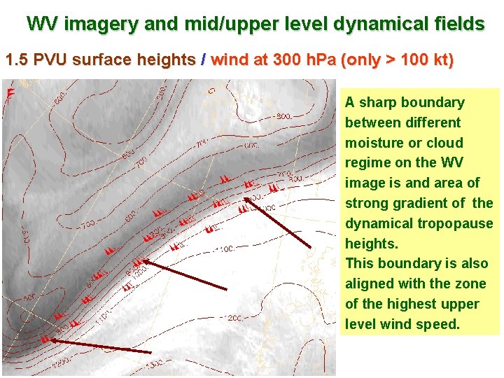 WV imagery and mid/upper level dynamical fields 1. 5 PVU surface heights / wind
