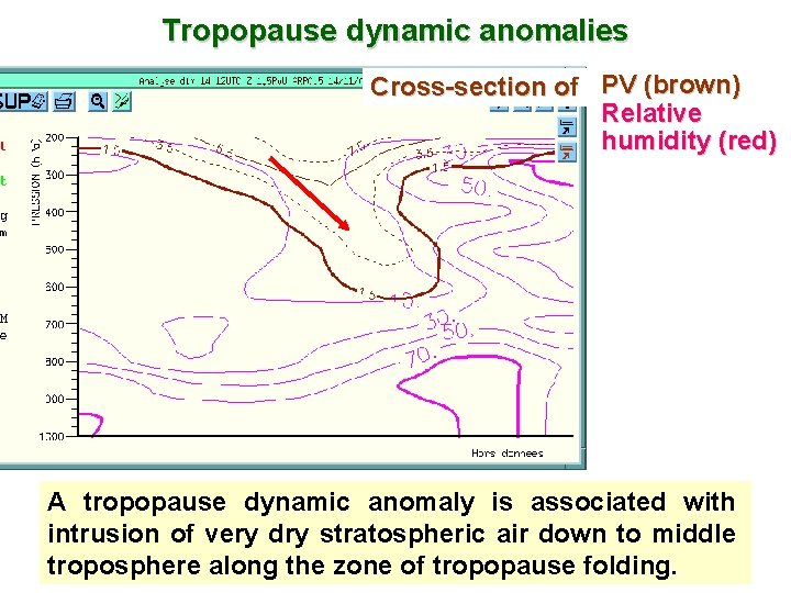 Tropopause dynamic anomalies Cross-section of PV (brown) Relative humidity (red) A tropopause dynamic anomaly