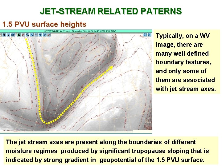 JET-STREAM RELATED PATERNS 1. 5 PVU surface heights Typically, on a WV image, there