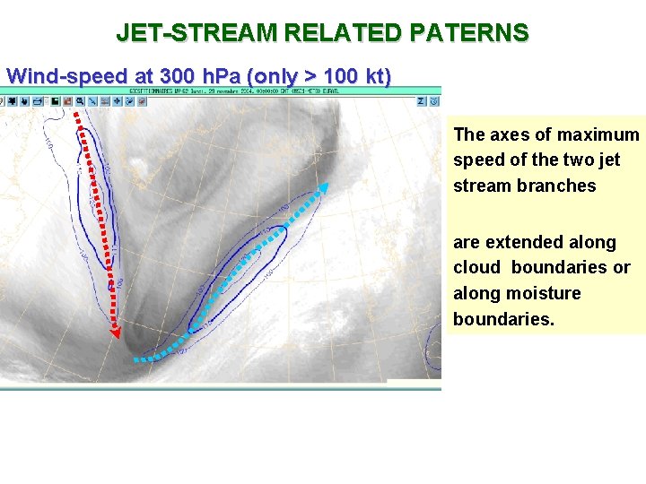 JET-STREAM RELATED PATERNS Wind-speed at 300 h. Pa (only > 100 kt) The axes