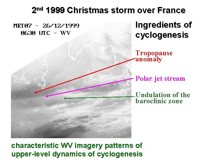 2 nd 1999 Christmas storm over France WV Ingredients of cyclogenesis Tropopause anomaly Polar