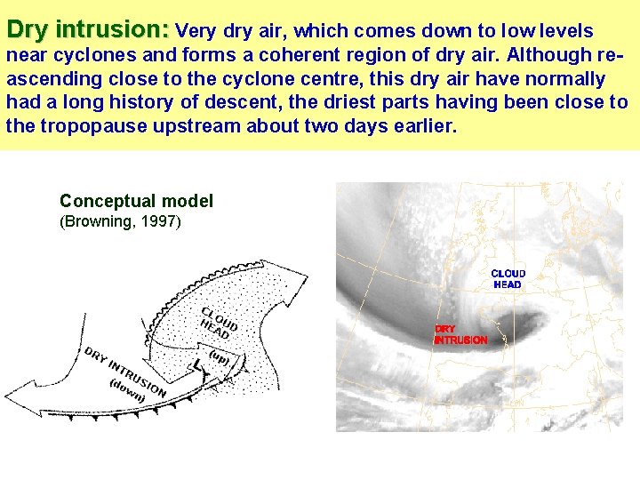 Dry intrusion: Very dry air, which comes down to low levels near cyclones and