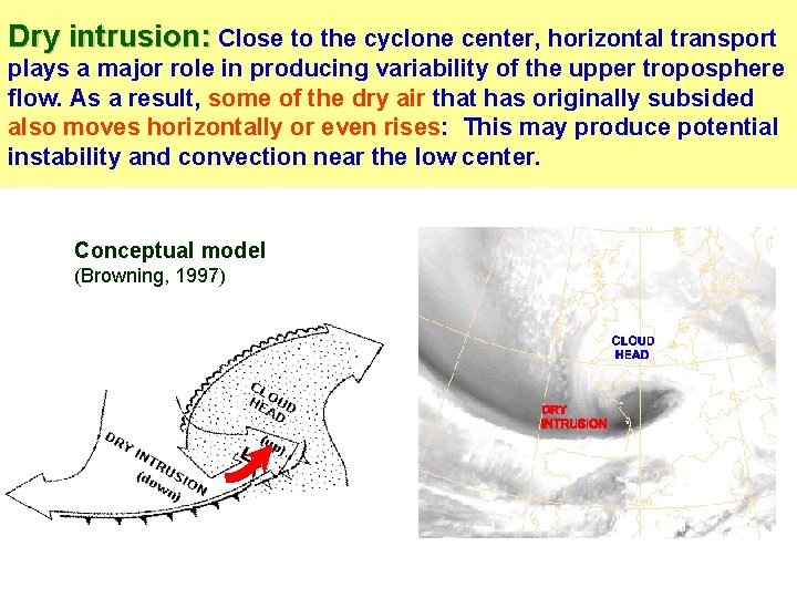 Dry intrusion: Close to the cyclone center, horizontal transport plays a major role in