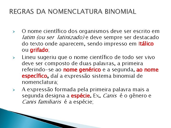 REGRAS DA NOMENCLATURA BINOMIAL Ø Ø Ø O nome científico dos organismos deve ser