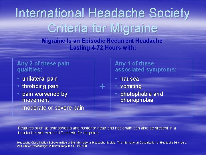 International Headache Society Criteria for Migraine Is an Episodic Recurrent Headache Lasting 4 -72