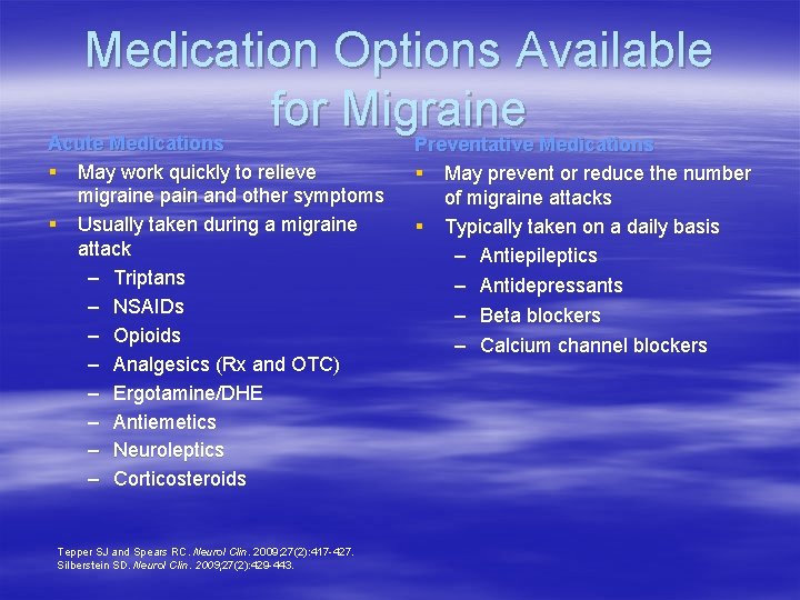 Medication Options Available for Migraine Acute Medications Preventative Medications § May work quickly to